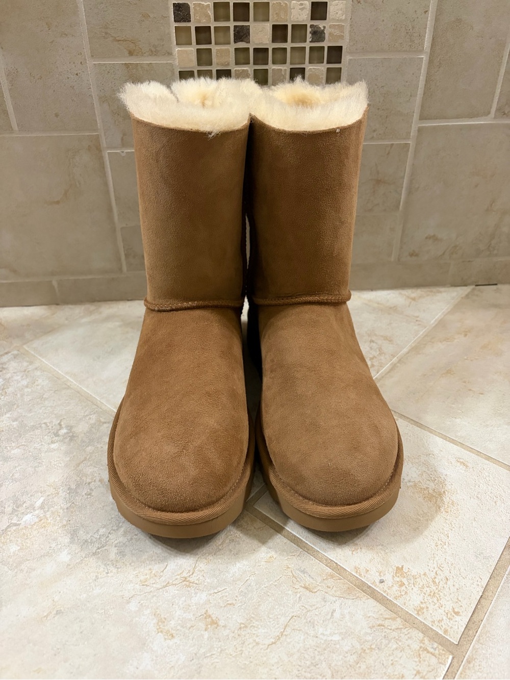 UGG Women's Chestnut Suede Shearling Back-Bow Boots - Picture 3 of 6